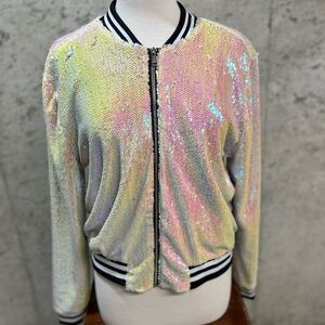 Y2K  pink/silver bomber retro Sequins jacket lined black ribbed cuffs  XL